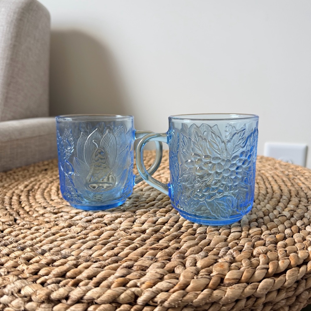 Vintage Blue Fruit Embossed Glass Mugs Set of 2
